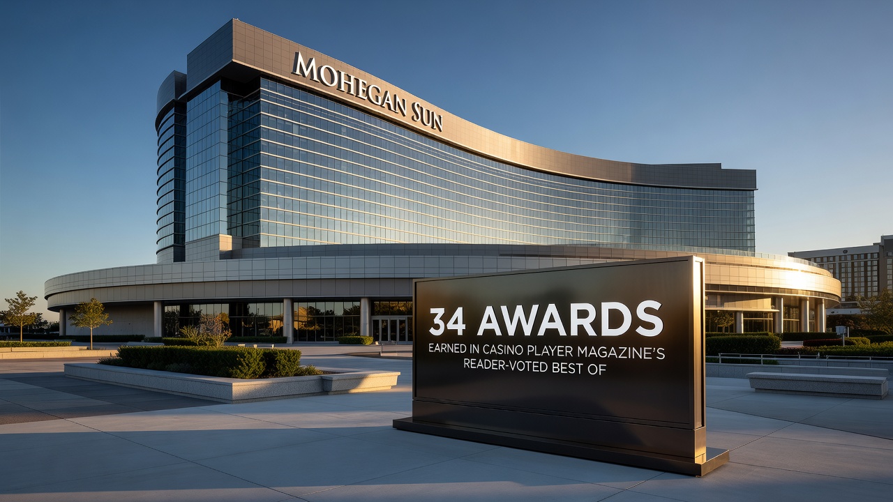 Interior view of Mohegan Sun casino floor showing slot machines, table games, and sportsbook area
